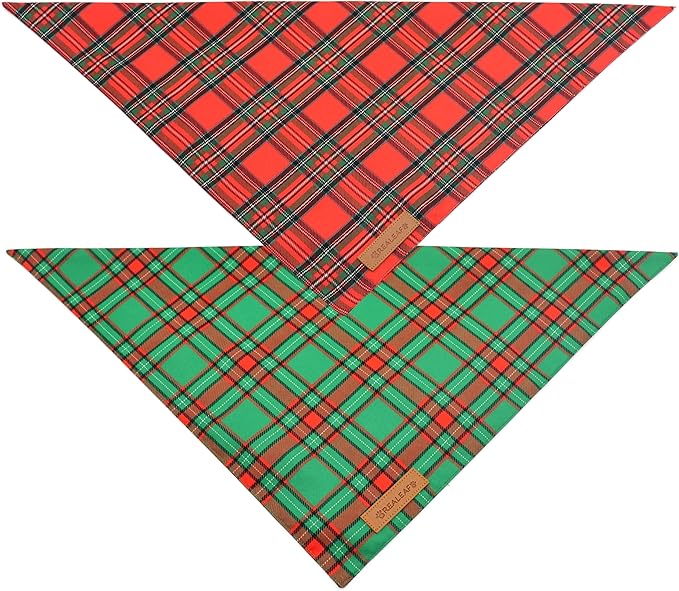 Realeaf Christmas Dog Bandanas 2 Pack, Reversible Red Green Plaid Dog Scarf, Xmas Pet Bandana, Premium Durable Fabric, Holiday Check Bandana for Large and Extra Large Dogs Pets (X-Large)
