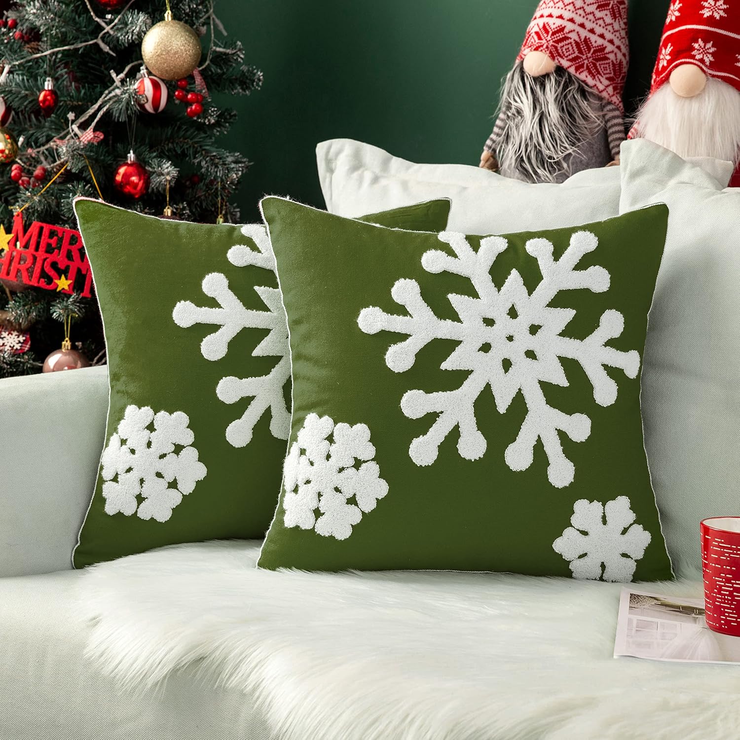 MIULEE Pack of 2 Christmas Decorative Snowflake Throw Pillow Covers Canvas Embroidery Winter Cushion Cases Holiday Decor Soft Pillowcases for Winter Couch Sofa Bedroom Car（Army Green, 18x18in）