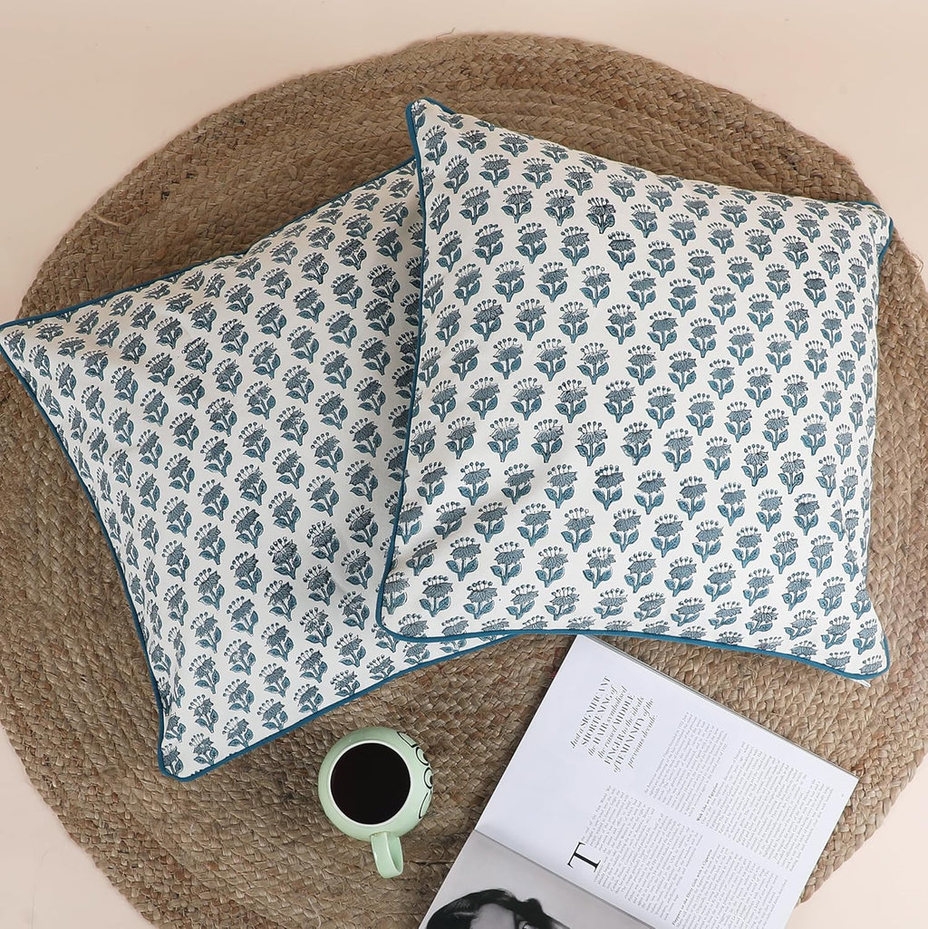 SheetKart Pure Cotton Throw Pillow Covers - Set of 2 - Hand Block Pure Cotton Printed Boho Decorative Pillow Covers - Cushion Covers for Living Room, Bohemian Theme, 16 x 16 Inches, Ocean Mist Teal