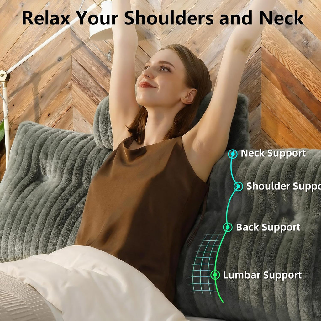 Faux Fur Headboard Pillow Queen Size, Triangular Wedge Backrest with Removable Head Roll & Side Pocket, 100% Linen Reading Pillow for Bed, Couch, Floor - Ergonomic Support for Neck, Back, Dark Grey