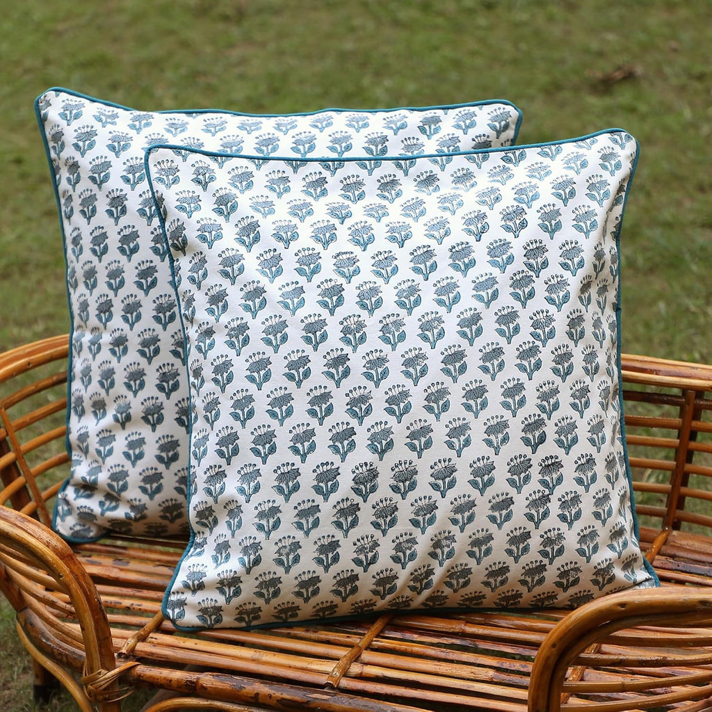 SheetKart Pure Cotton Throw Pillow Covers - Set of 2 - Hand Block Pure Cotton Printed Boho Decorative Pillow Covers - Cushion Covers for Living Room, Bohemian Theme, 16 x 16 Inches, Ocean Mist Teal