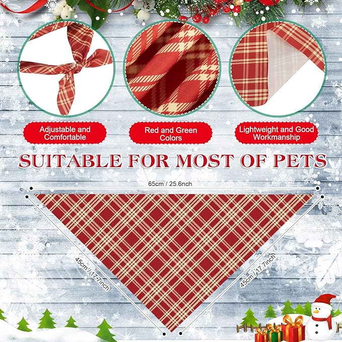 100 Pcs Christmas Dog Bandanas Bulk Xmas Red and Green Buffalo Plaid Bandanas Soft White Back Triangle Bibs Adjustable Scarf for Small Medium Large Pets (Red and Green Plaid)