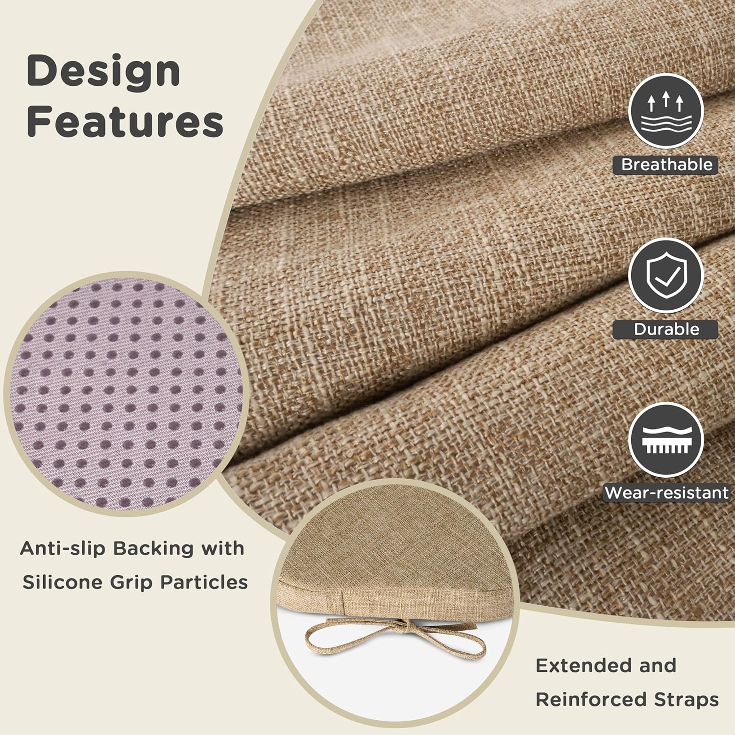 AddGrace Chair Cushions for Dining Chairs Set of 6 Windsor Kitchen Chair Cushions with Removable Textured Cover and Non Slip Bottom Indoor Chair Pads with Ties and Foam (16.5x15.5 Inches Beige)