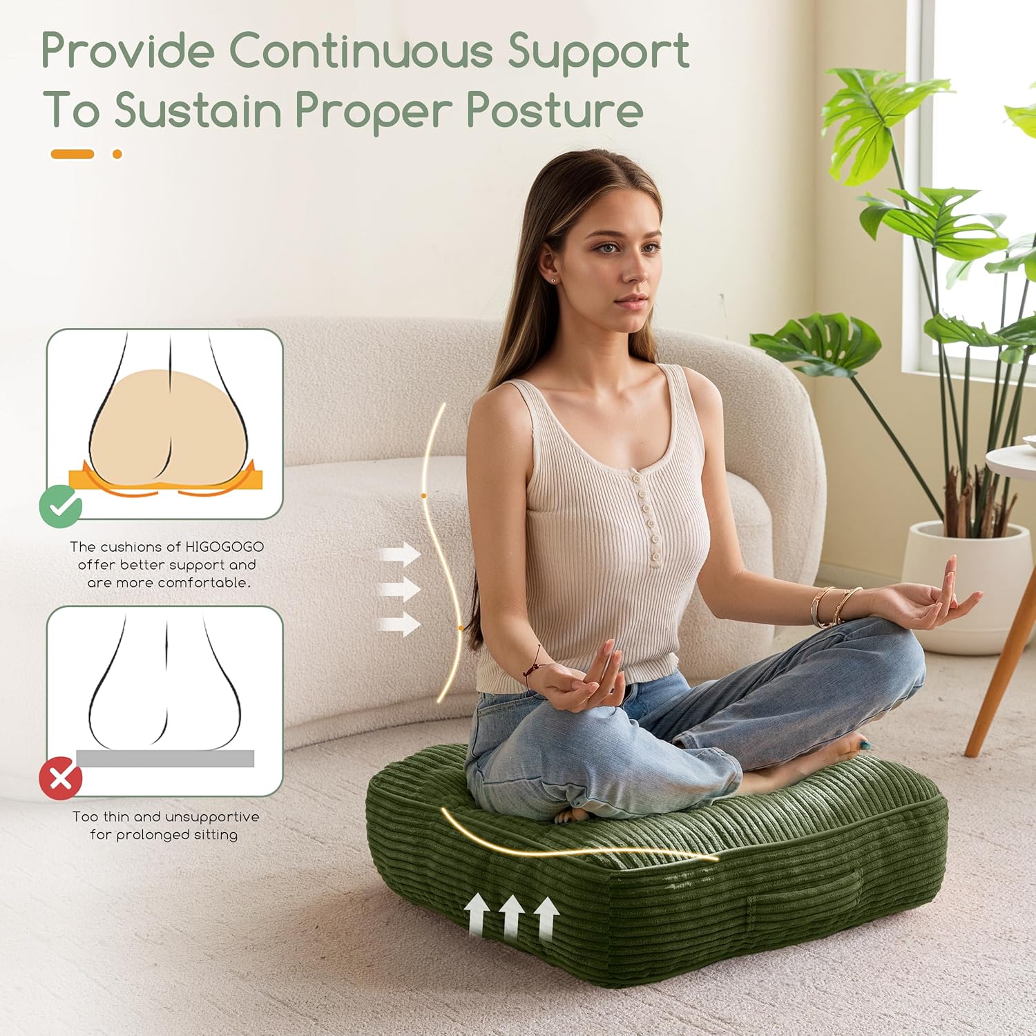 6" Washable Floor Pillow Cushion for Adults, Meditation Cushion Pillow, Large Square Floor Sitting, Removable Tufted Corduroy Cover, for Tatami Living Room or Yoga, 22x22 Inch, Machine Washable