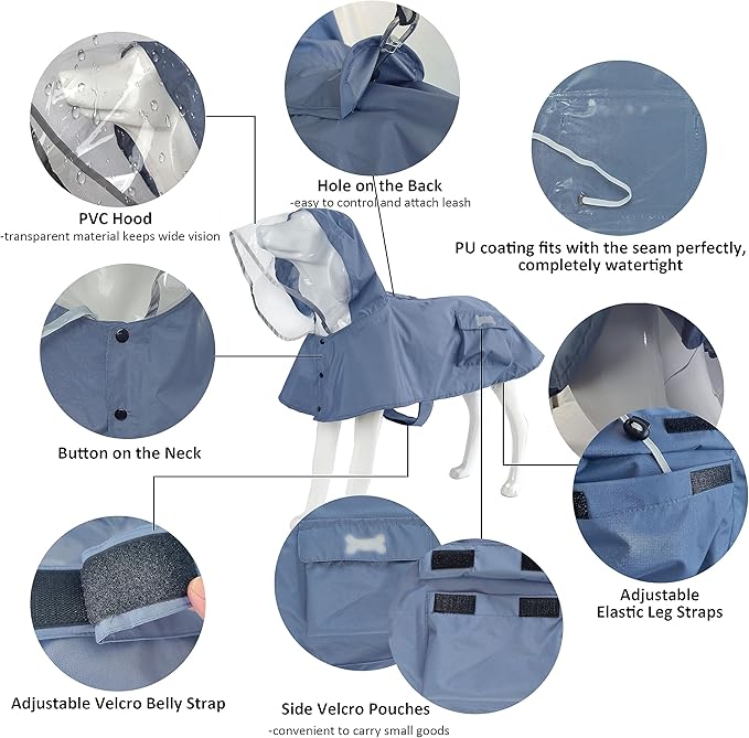 Waterproof Dog Raincoat, Adjustable Reflective Lightweight Pet Rain Clothes with Poncho Hood(XX-Large, Blue&Grey)