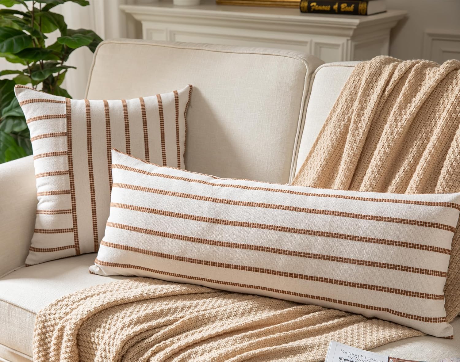 Caflife Boho Lumbar Throw Pillow Cover 14X36 Long Soft Farmhouse Decorative Couch Pillow Cases Brown Striped Body Pillow Covers Neutral Cushion Covers for Sofa Bed Living Room Home Decor Pack of 1