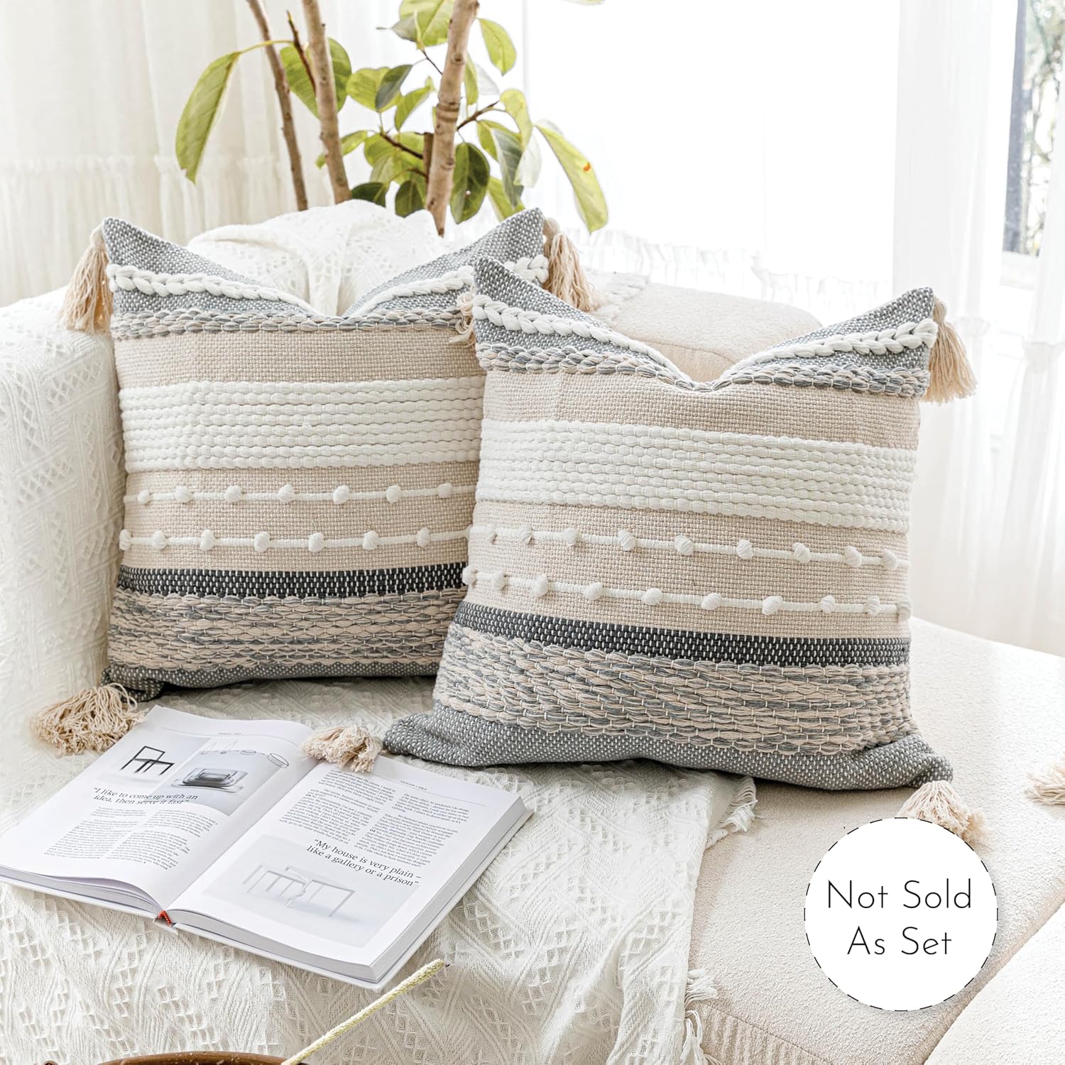 BlissBlush Gray Boho Throw Pillow Cover 18x18 Grey Decorative Accent Pillow for Couch Square Woven Textured Pillowcase Modern Farmhouse Pillow for Bed Bohemian Pillow Cover (Pack of 1)