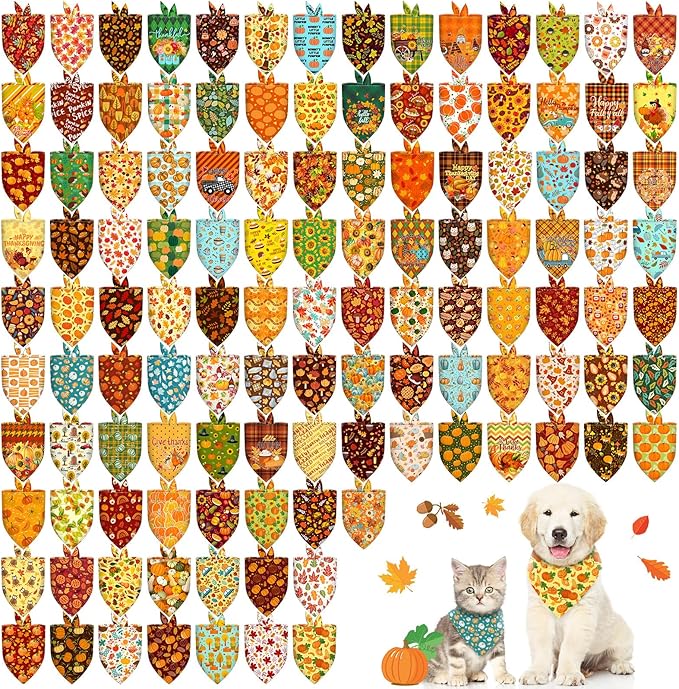 120 Pcs Fall Dog Bandanas Bulk Adjustable Dog Scarves Pumpkin Puppy Bandanas Autumn Pet Neckerchief Washable Holiday Fall Bandana for Small Medium Large Dog Pet Grooming Accessories