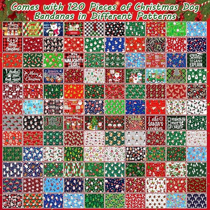 120 Pcs Christmas Dog Bandanas & Scarves - Bulk Adjustable Puppy Bandanas & Pet Handkerchiefs - Washable Holiday Scarf for Small to Large Dogs & Cats