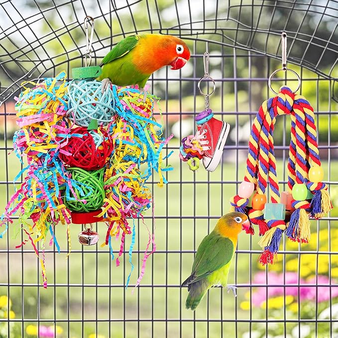 Bird Toys for Parakeet，ESRISE Parrot Conure Chewing Shredding Foraging Toys with Rope Perch, Bird Cage Accessories for Cockatiel Budgies Lovebird