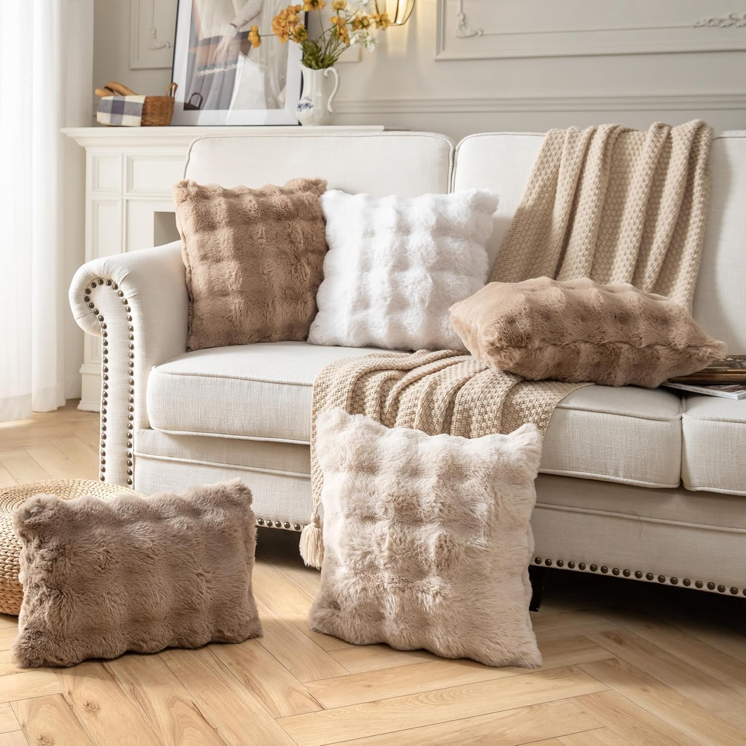 Pack of 2 Thick Plush Throw Pillow Covers Fluffy Wave Faux Fur Decorative Cushion Covers Soft Wool Pillowcase for Sofa Couch Livingroom 22x22 Inch Camel