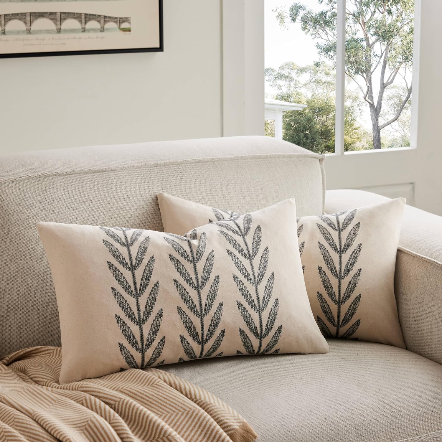 100% Cotton Farmhouse Leaves Lumbar Throw Pillow Covers Set of 2, 12x20 Inch Black Pastoral Decorative Print Cushion Covers for Sofa Bed Living Room Home Decor