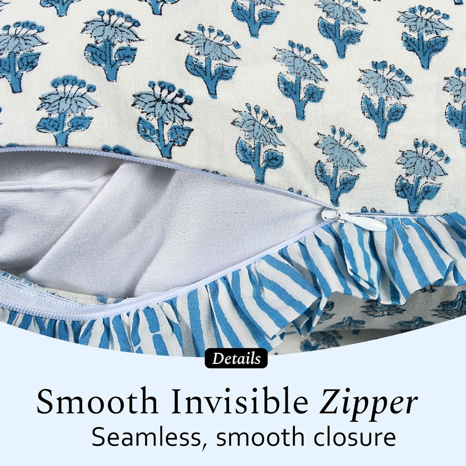 CPC Apatite Blue 100% Cotton Block Print Ruffle Sham Cover 20X30 inch Pack of 2, Handmade Boho Floral Pillowcase, Soft Decorative Lumar Cushion Cover for Bedroom Décor