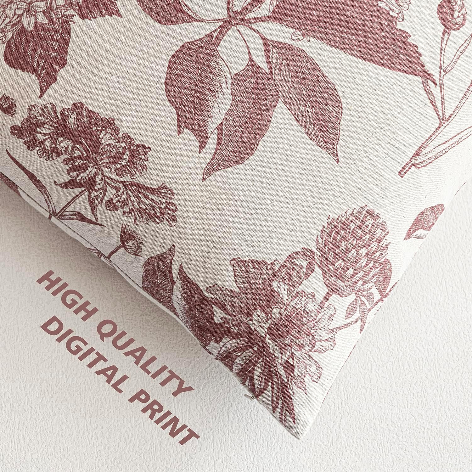 Foindtower Set of 2 Linen Floral Vintage Throw Pillow Covers Neutral Accent Decorative Cushion Covers Farmhouse Boho Home Decor for Sofa Chair Couch Bedroom Living Room,20×20 Inch,Dark Pink