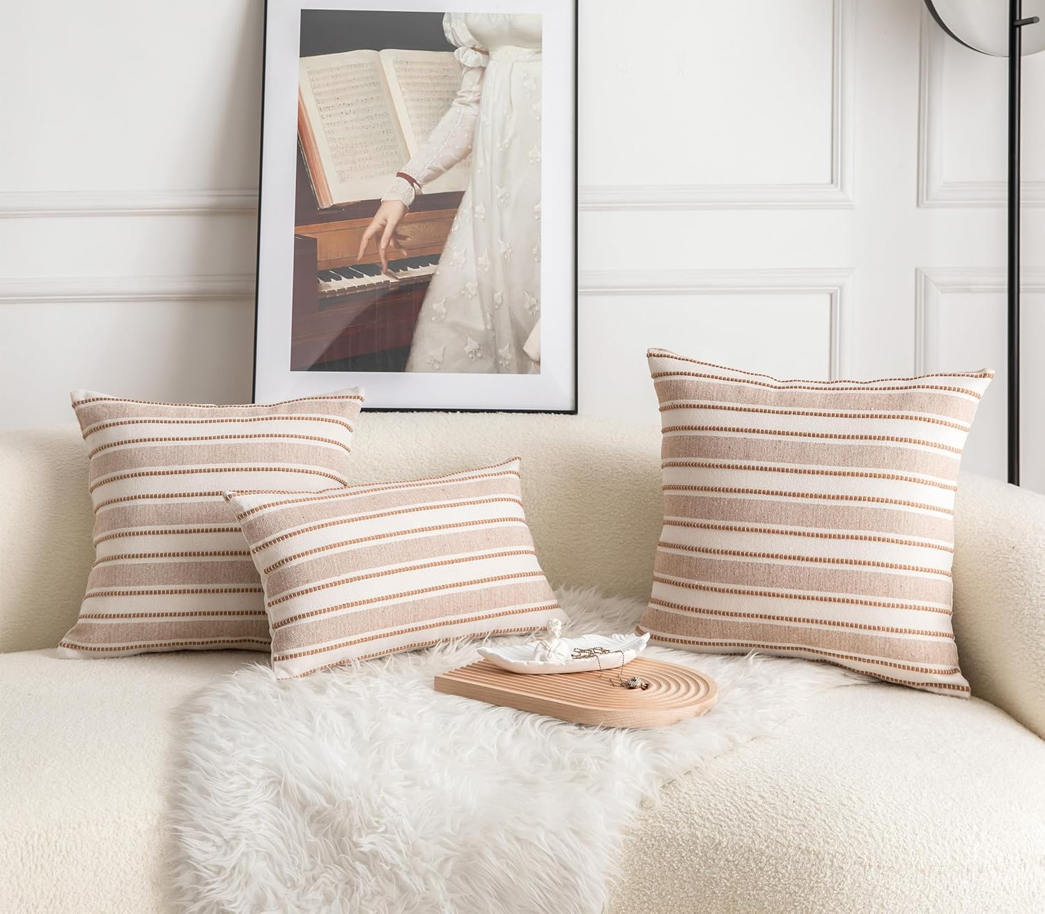 Decorative Boho Throw Pillow Covers, Farmhouse Textured Pillow Case, 22 x 22 Inch Set of 2, Chair Sofa Bedroom Living Room Home Decor Couch Cushion Case, Brown and Beige Striped