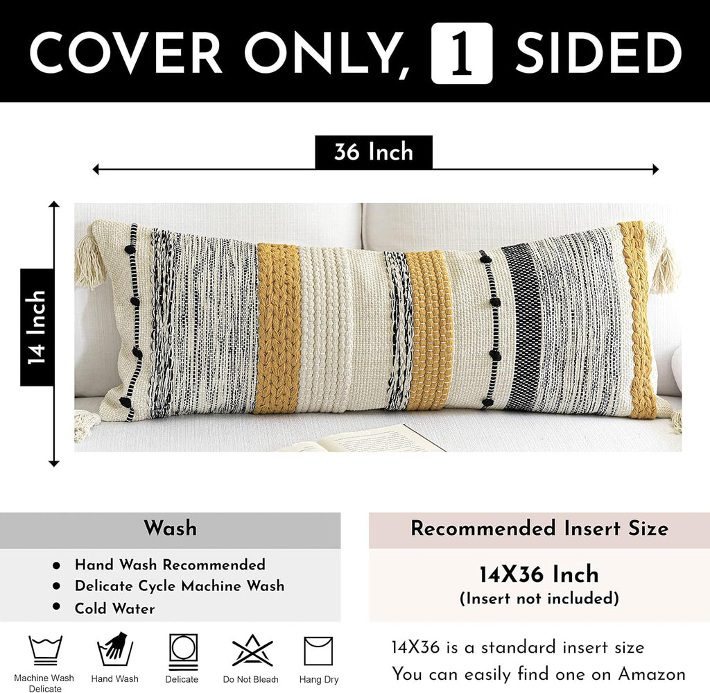 BlissBlush Fall Decorative Lumbar Throw Pillow Cover 14x36 Boho Long Cushion for Bed Yellow Mustard Accent Farmhouse Pillowcase for Bedroom Living Room Couch Sofa Home Décor Cover ONLY