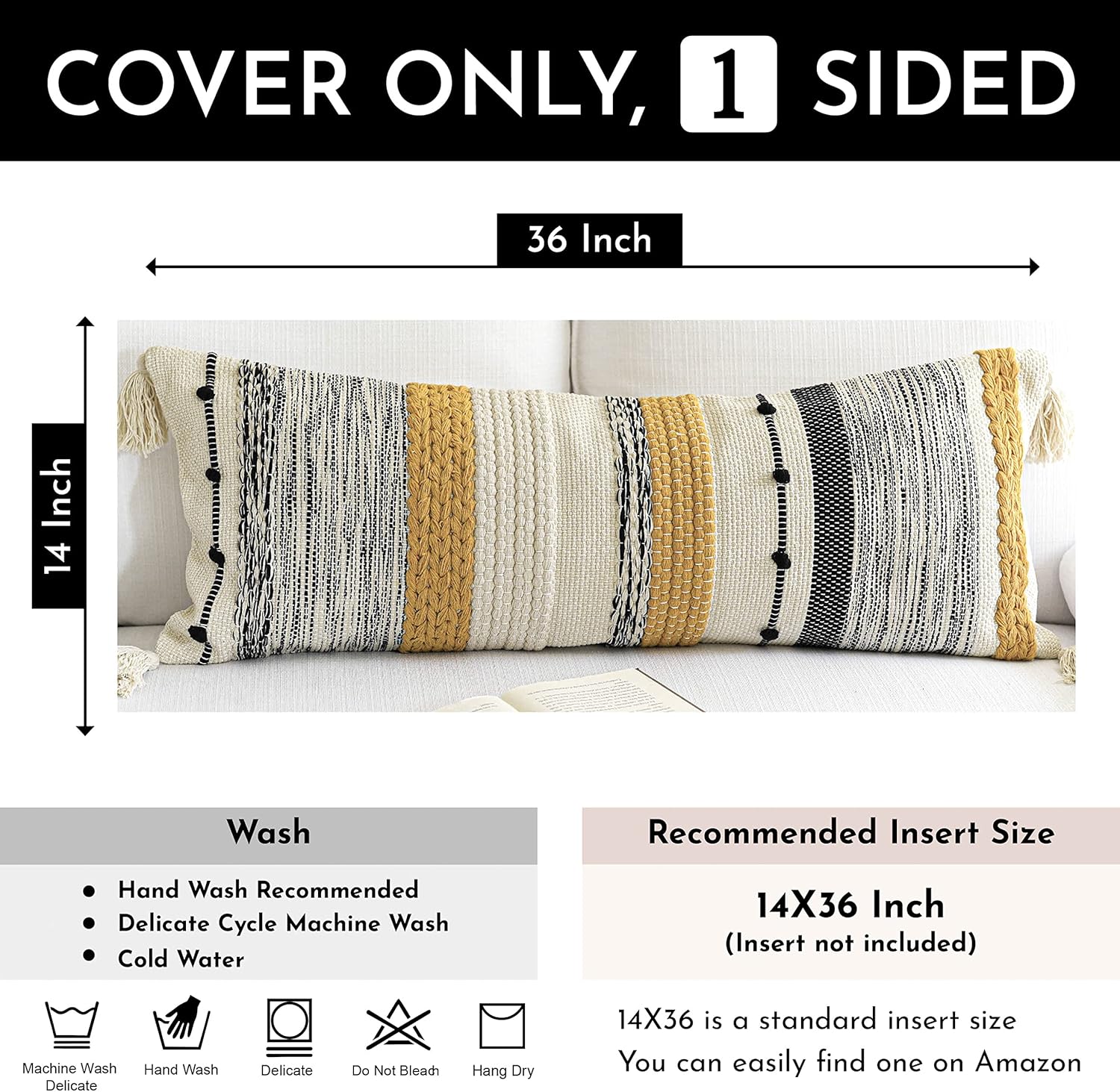 BlissBlush Fall Decorative Lumbar Throw Pillow Cover 14x36 Boho Long Cushion for Bed Yellow Mustard Accent Farmhouse Pillowcase for Bedroom Living Room Couch Sofa Home Décor Cover ONLY