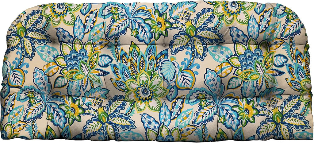 RSH DECOR: Tufted Wicker Loveseat Cushion | 41” x 19" | All-Weather Spun Fabric | Water and Fade-Resistant | Outdoor Settee Cushion for Patio Furniture | Copeland Caribe Blue Floral