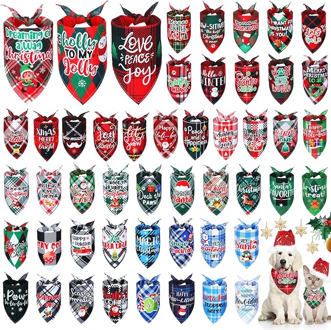 Abbylike 50 Pcs Dog Bandanas Bulk Pet Scarfs Triangle Bibs Adjustable Washable Puppy Kerchief Seasonal Pet Costume Accessories Grooming Supplies for Small Medium Large Dogs Cats(Christmas Plaid Dog)
