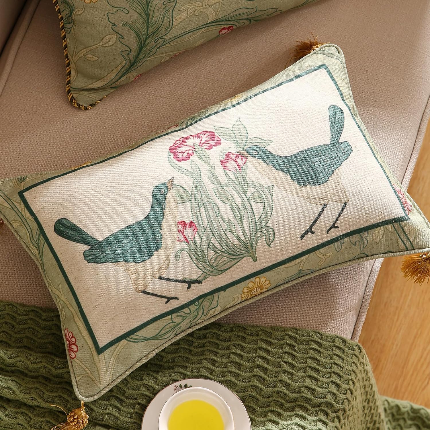 patdrea Designer Pack of 2 Rectangle Throw Pillow Covers,French Vintage Rustic Linen with Green Floral Pattern Pillows Cover,Decorative Lumbar Pillowcases Cushion for Bed Living Room,12"x20"