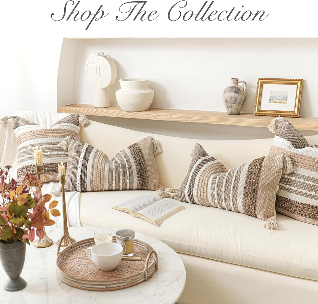 BlissBlush Brown Decorative Throw Pillow Cover 20x20 Square Boho Accent Pillowcase Tassels Farmhouse Cushion for Couch Sofa Bedroom Livingroom Home Décor Cover ONLY (Pack of 1)