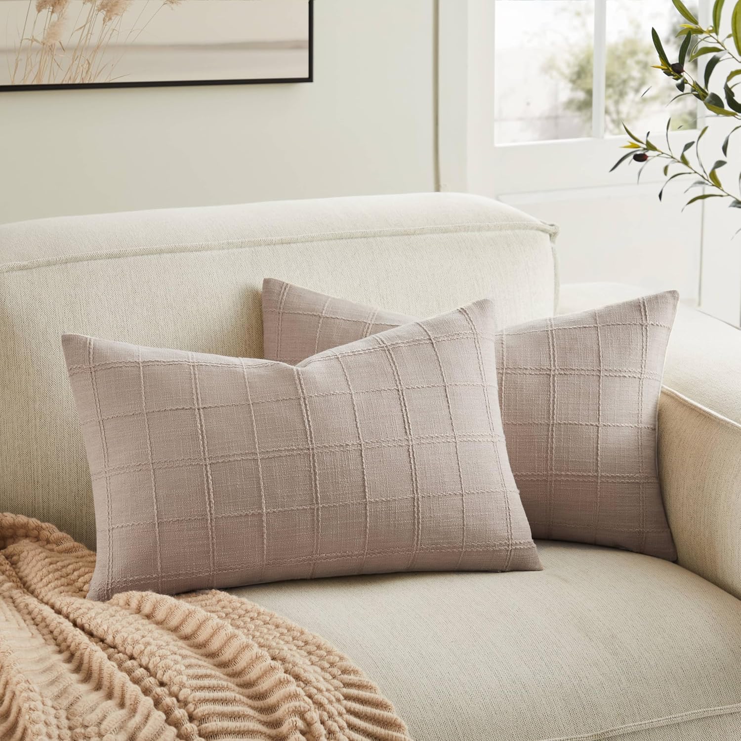 ZeeMart Linen Checked Lumbar Throw Pillow Covers Set of 2, 12x20 Inch Taupe/Cream, Farmhouse Decorative Single Sided Grid Embroidered Couch Pillow Cases Light Brown Cotton Linen Cushion Covers