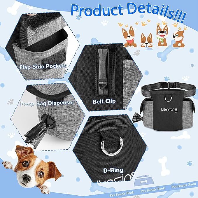 Dog Training Pouch with 2 Cup Silicone Bag, Dog Treat Pouches for Pet Training with Clicker, Adjustable Belt, Poop Bags roll, 2 Ways Wear, for Outdoor Walks, Training, and Travel