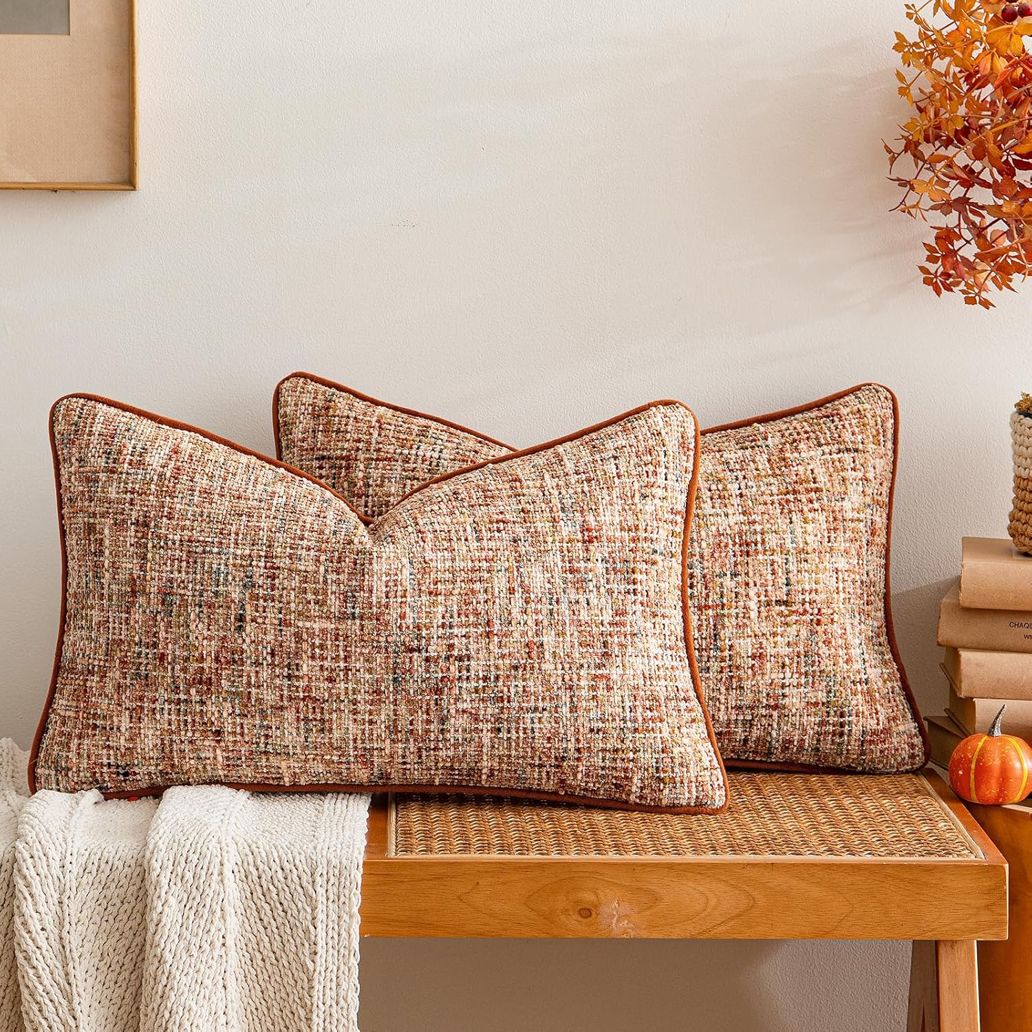 a moment Fall Rust Orange Reversible Pillow Covers 2 Pack - Farmhouse Chenille Throw Pillows, Neutral Textured Decorative Throw Pillow Covers with Border for Couch Sofa Bed (12x20 Inch, No Insert)