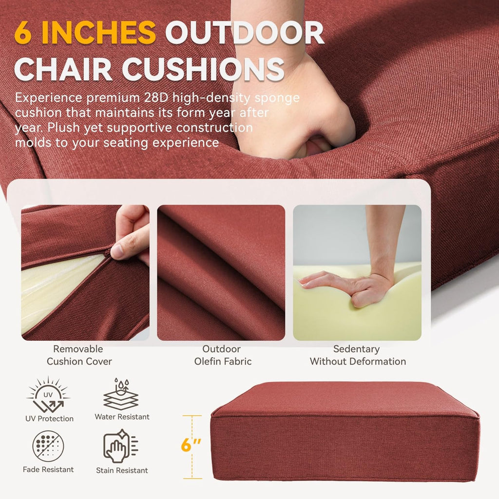 Outdoor Cushion Set for Furniture Patio Furniture, UV Resistant, Water Resistant - 6 Inch Thick Foam Garden Cushions– 24x24 Inch Patio Seat Covers for Chair/Sofa/Couch | Red | 7-Pack |