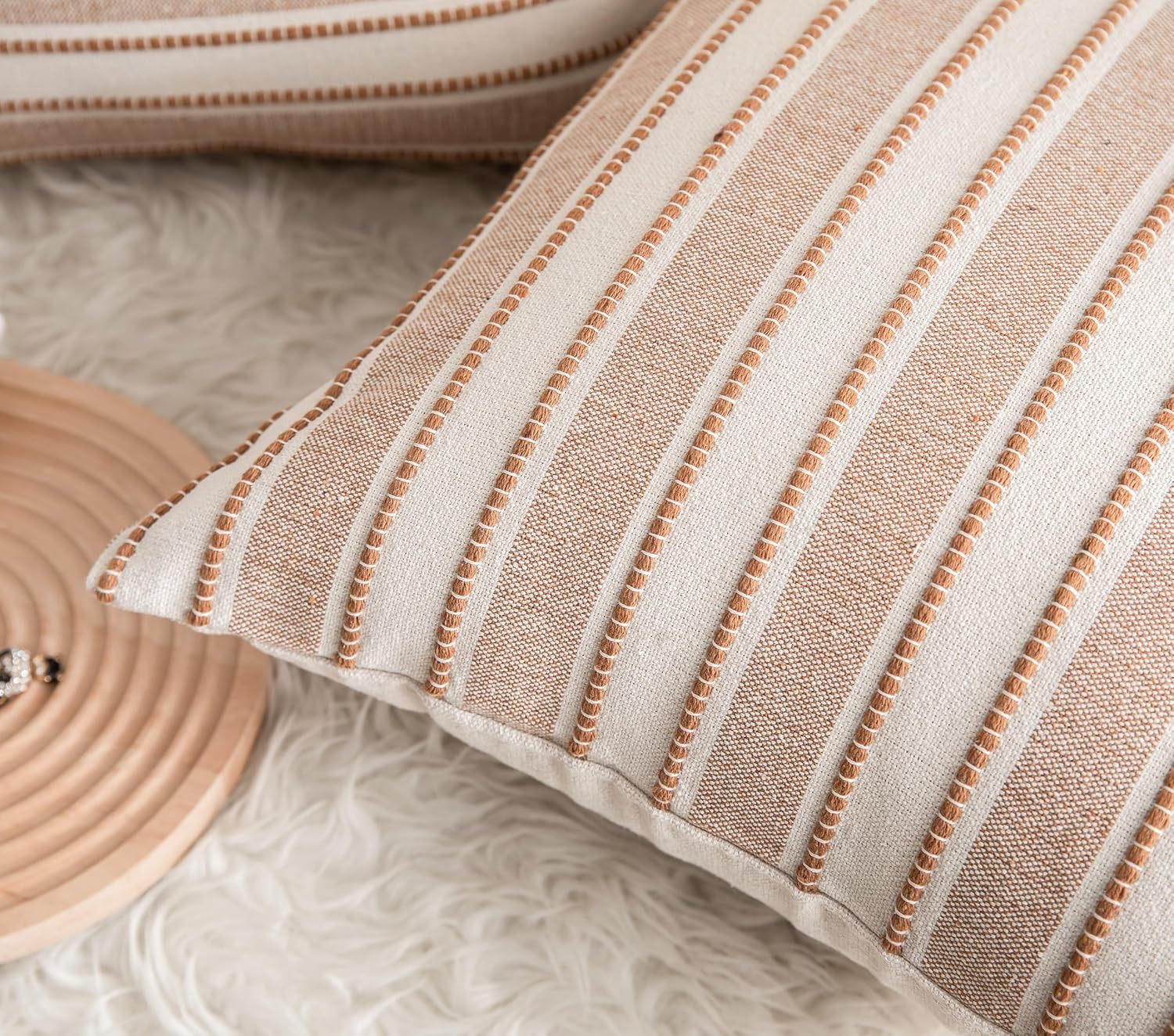 Decorative Boho Throw Pillow Covers, Farmhouse Textured Pillow Case, 22 x 22 Inch Set of 2, Chair Sofa Bedroom Living Room Home Decor Couch Cushion Case, Brown and Beige Striped