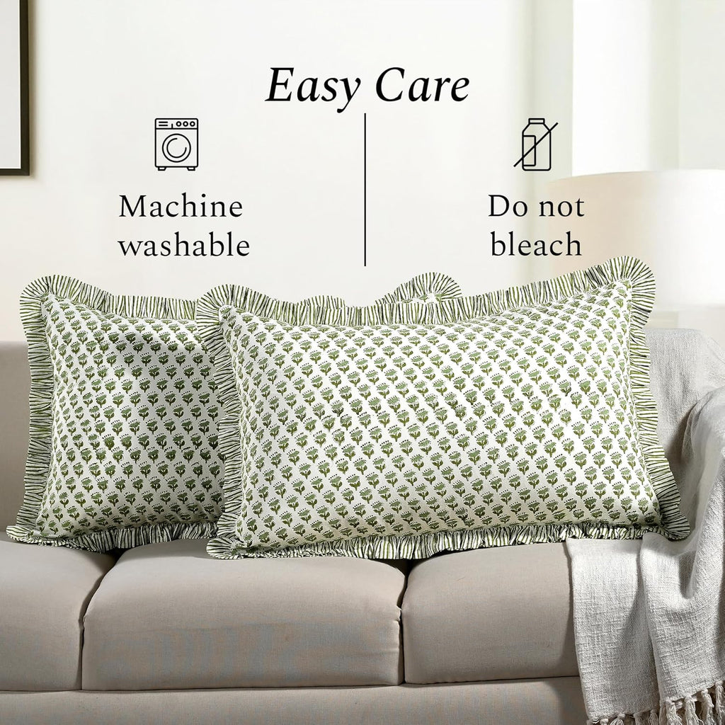 CPC Emerald Green 100% Cotton Block Print Ruffle Pillow Cover 20X30 inch Pack of 2, Handmade Boho Floral Pillowcase,Soft Decorative Queen Bed Pillow Cover for Bedroom Décor