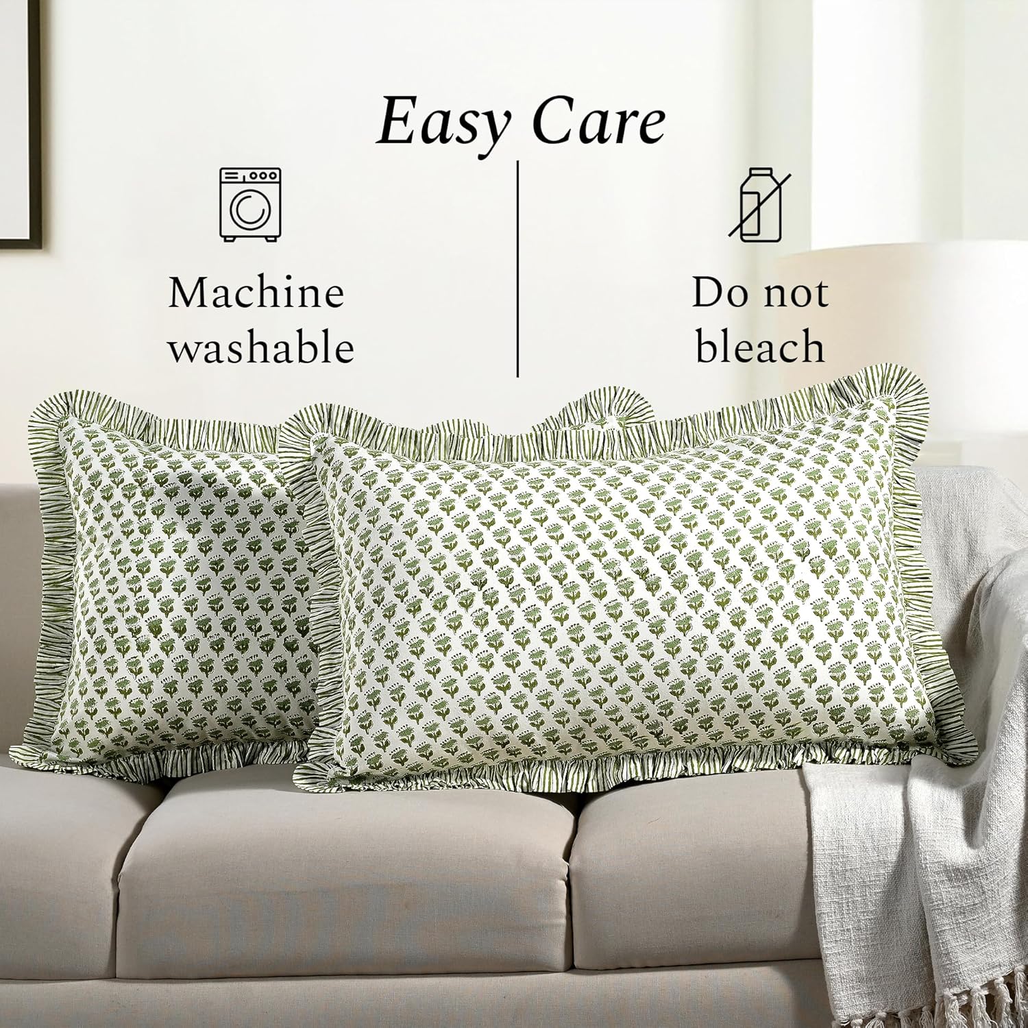 CPC Emerald Green 100% Cotton Block Print Ruffle Pillow Cover 20X30 inch Pack of 2, Handmade Boho Floral Pillowcase,Soft Decorative Queen Bed Pillow Cover for Bedroom Décor