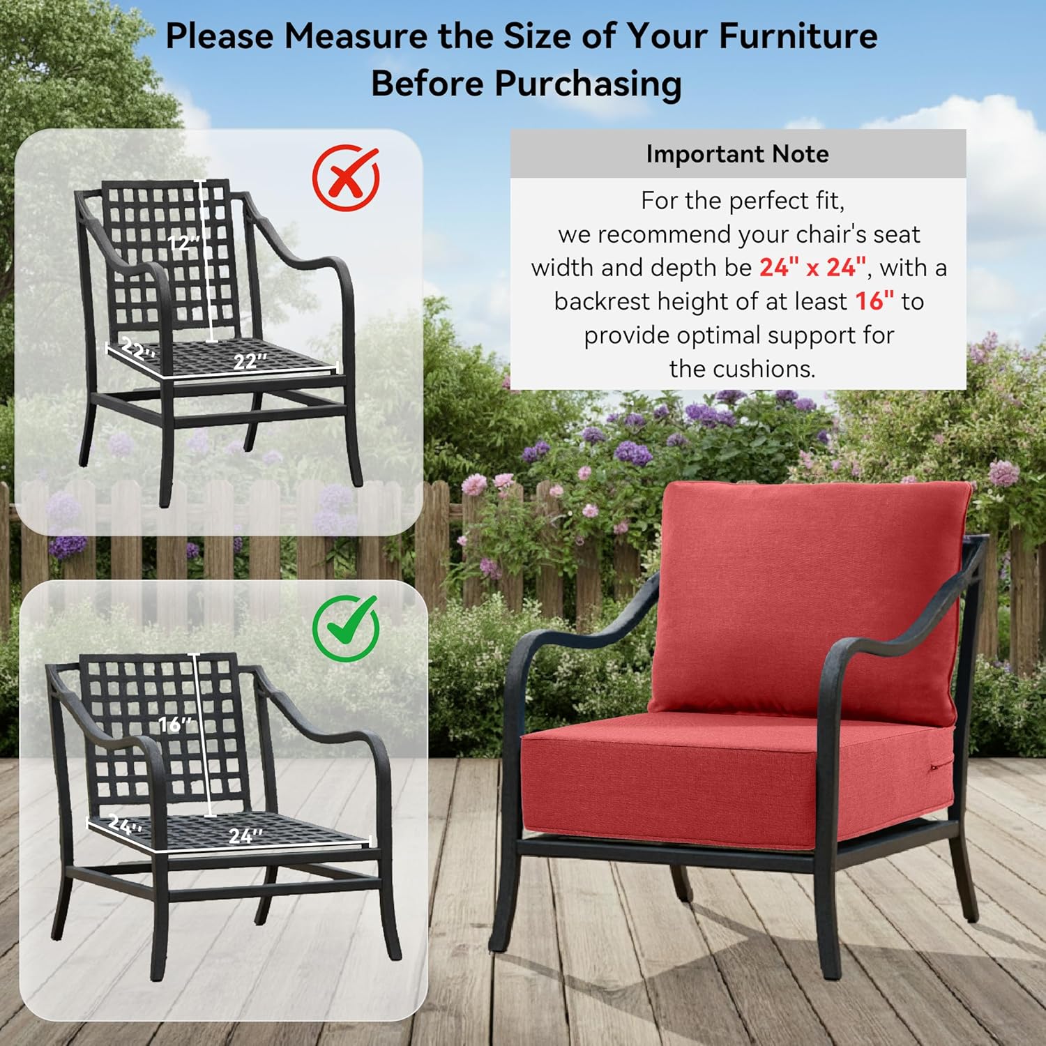 6" Thick Outdoor Cushions 24x24x6, 9-Set Deep Seat Patio Cushions with Removable Cover, Waterproof & Fade Resistant Replacement for Wicker Chair, Loveseat, Sofa - Red