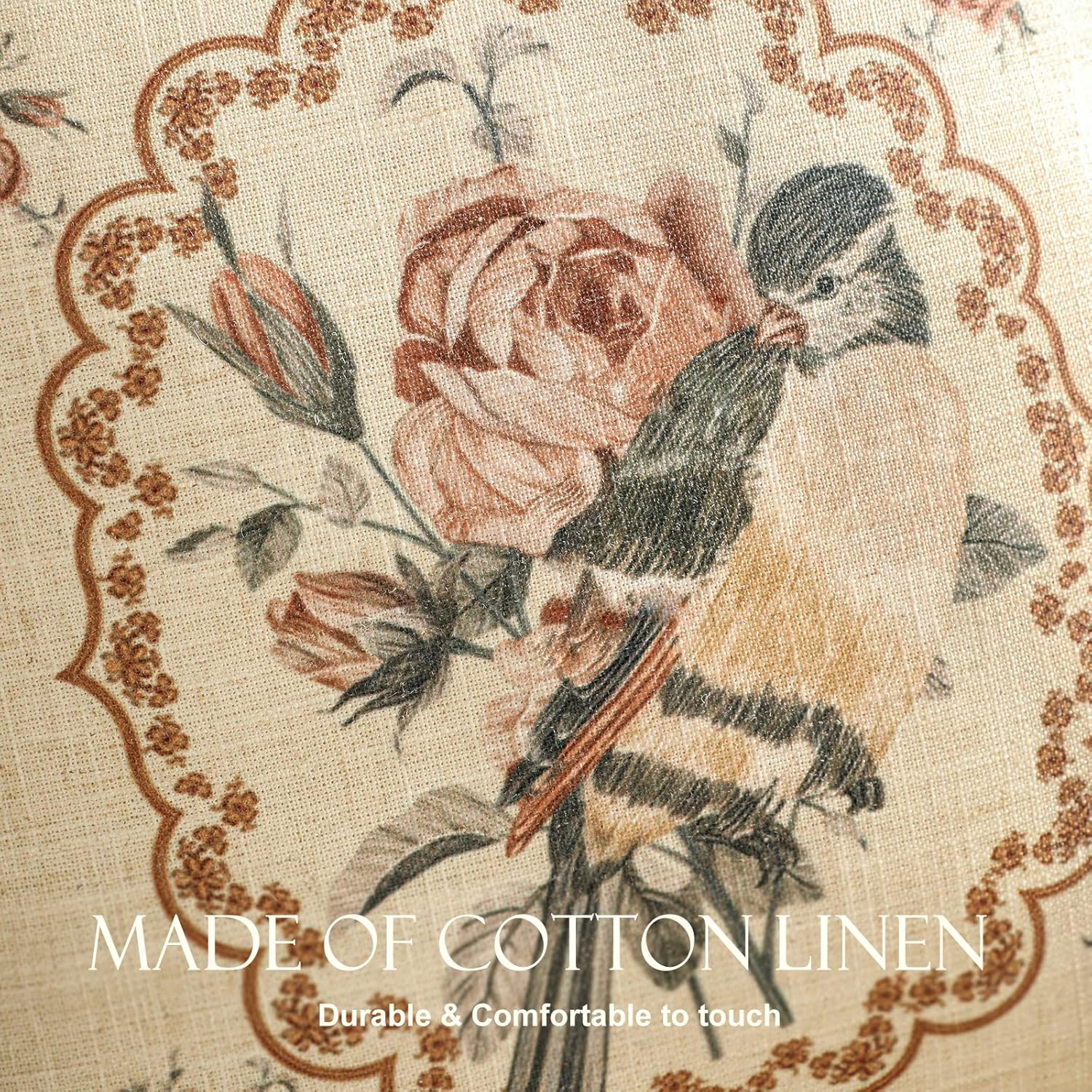 patdrea Designer Vintage Floral Throw Pillow Covers for Couch,Brown Yellow Linen Pillowcases with Bird and Rose Pattern Decorative Square Cushion for Bed Living Room Outdoor Cafe Car,18"x18"