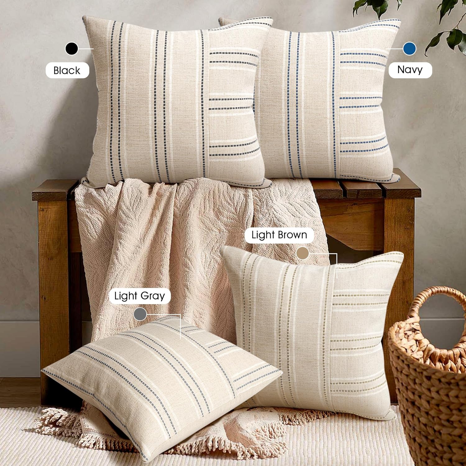 AELS 26x26 Decorative Farmhouse Linen Throw Pillow Covers, Boho Textured Pillow Case, Set of 2, Beige with White & Brown Stripe Patchwork Cushion Cover for Sofa Couch Living Room (Cover ONLY)
