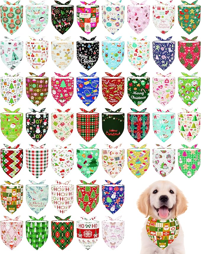 PET SHOW 100 Pack Christmas Dog Bandanas Bulk for Small Medium Dogs No Stitch Scarves Xmas Triangle Bibs Kerchief Set Pet Girl Boy Holiday Party Grooming Accessories, M
