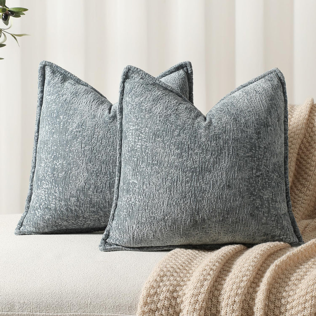 Pack of 2 Dusty Blue Decorative Throw Pillow Covers 18x18 Cozy Soft Chenille Boho Accent Vintage Farmhouse Square Couch Pillow Covers for Home Decor Bed Sofa Living Room
