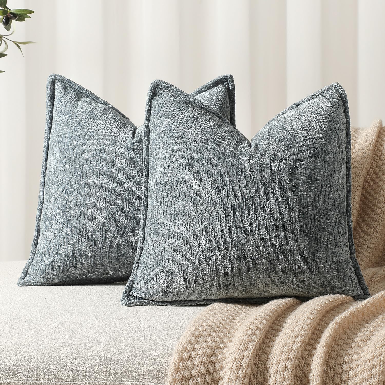 Pack of 2 Dusty Blue Decorative Throw Pillow Covers 20x20 Cozy Soft Chenille Boho Accent Vintage Farmhouse Square Couch Pillow Covers for Home Decor Bed Sofa Living Room