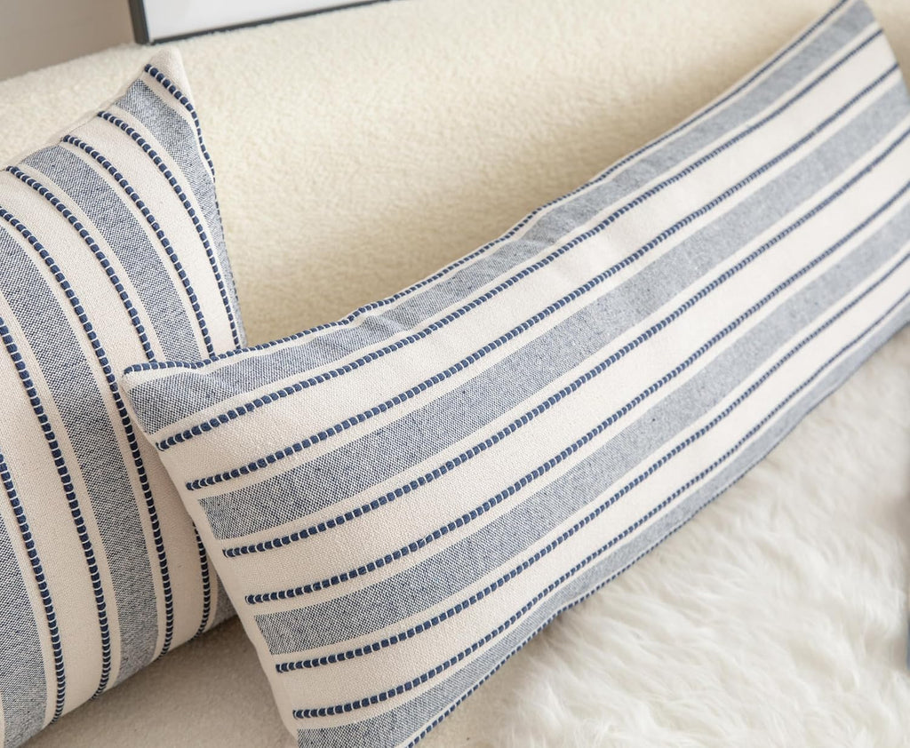 Decorative Boho Lumbar Pillow Covers, Modern Farmhouse Couch Pillowcase, 14 x 36 Long Accent Body Throw Pillow Covers, Sofa Bed Living Room Decor Cushion Case, Navy Blue and Beige, Pack of 1