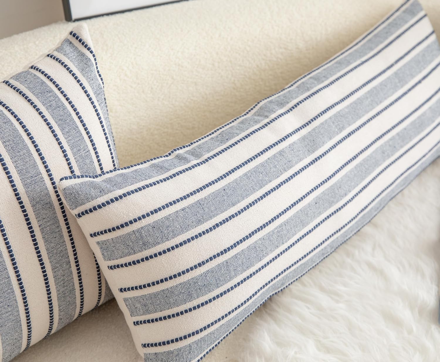 Decorative Boho Lumbar Pillow Covers, Modern Farmhouse Couch Pillowcase, 14 x 36 Long Accent Body Throw Pillow Covers, Sofa Bed Living Room Decor Cushion Case, Navy Blue and Beige, Pack of 1