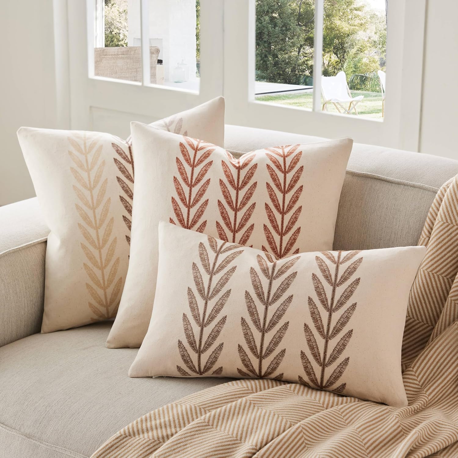 100% Cotton Farmhouse Leaves Throw Pillow Covers Set of 2, 22x22 Inch Terracota Pastoral Decorative Print Cushion Covers for Sofa Bed Living Room Home Decor
