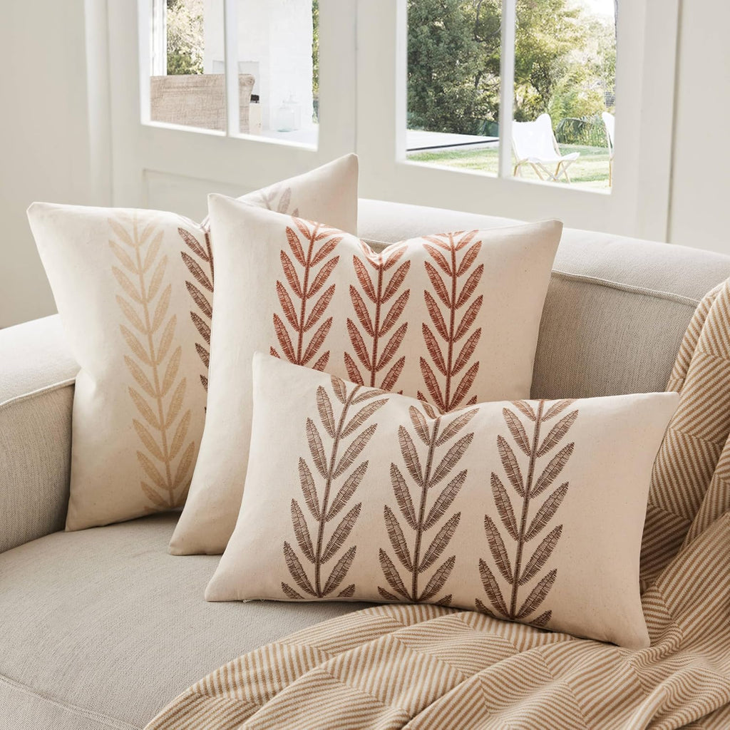 100% Cotton Farmhouse Leaves Throw Pillow Covers Set of 2, 24x24 Inch Mixed Beige Pastoral Decorative Print Cushion Covers for Sofa Bed Living Room Home Decor
