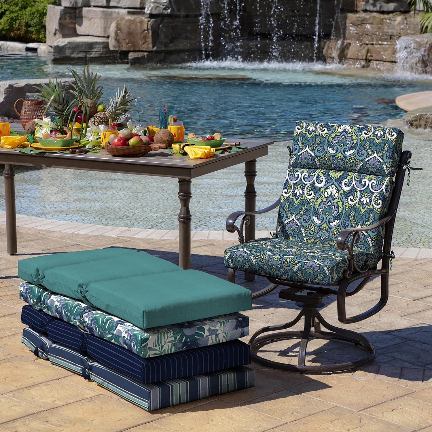 ARDEN Outdoor Chair Cushion, 21 x 20, Rain-Proof, Fade Resistant Sapphire Aurora Blue Damask