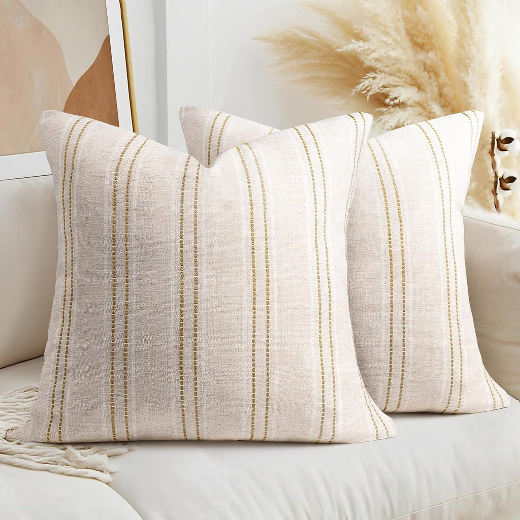 AELS 24x24 Decorative Farmhouse Linen Throw Pillow Covers, Boho Textured Pillow Case, Set of 2, Beige with White & Brown Stitch Yarn Dyed Stripe Cushion Cover for Sofa Couch Living Room (Cover ONLY)
