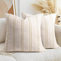 AELS 24x24 Decorative Farmhouse Linen Throw Pillow Covers, Boho Textured Pillow Case, Set of 2, Beige with White & Brown Stitch Yarn Dyed Stripe Cushion Cover for Sofa Couch Living Room (Cover ONLY)