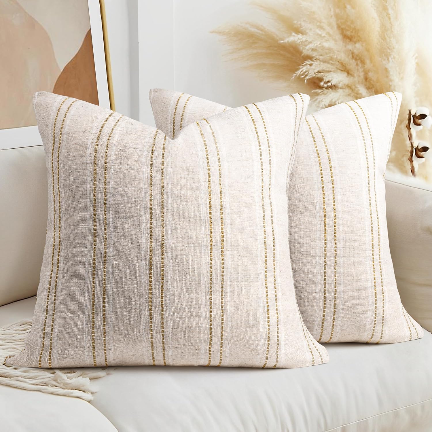 AELS 24x24 Decorative Farmhouse Linen Throw Pillow Covers, Boho Textured Pillow Case, Set of 2, Beige with White & Brown Stitch Yarn Dyed Stripe Cushion Cover for Sofa Couch Living Room (Cover ONLY)
