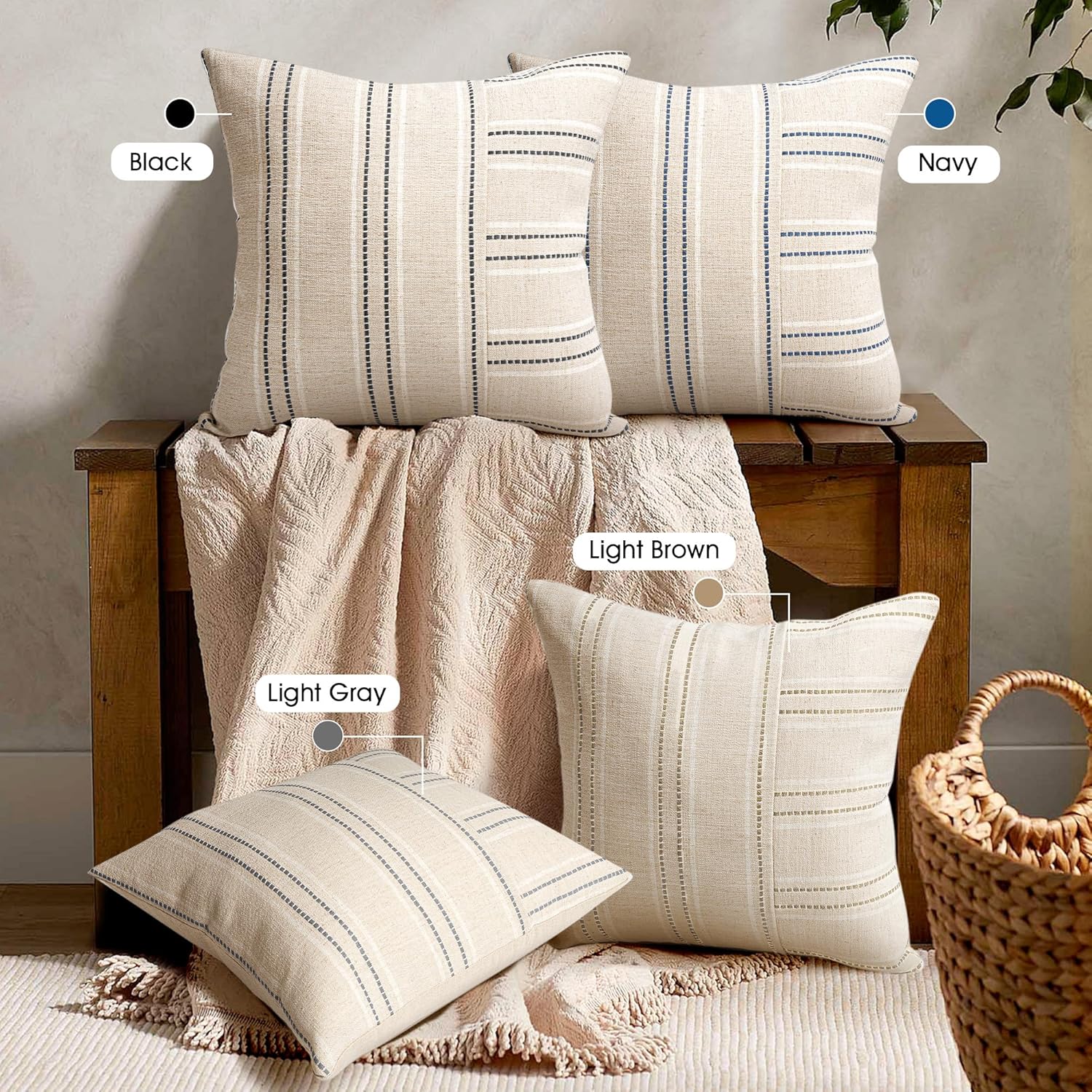 AELS 24x24 Decorative Farmhouse Linen Throw Pillow Covers, Boho Textured Pillow Case, Set of 2, Beige with White & Gray Stripe Patchwork Cushion Cover for Sofa Couch Living Room (Cover ONLY)