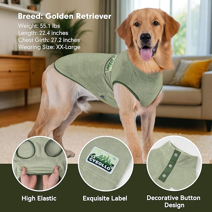 cyeollo 2XL Fleece Dog Sweater, Stretchy Pullover Fleece Vest with Turtleneck Dog Sweatshirt Warm Winter Clothes for Medium to Large Dogs Boy Pet Apparel, Green XXL