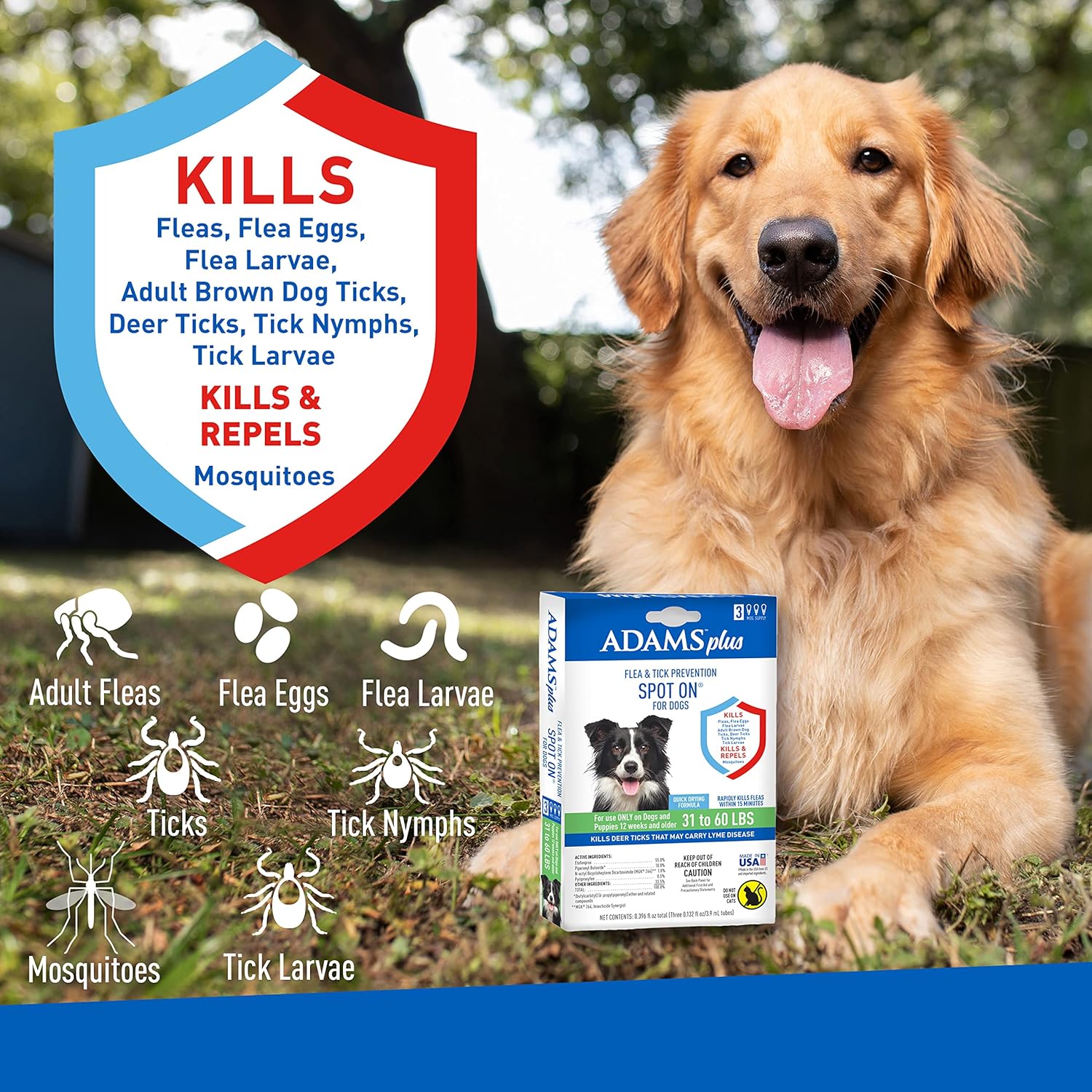 Adams Plus Flea & Tick Prevention Spot On for Dogs 15-30 Pounds, 12 Weeks & Older, 3-Month Supply, Kills Fleas, Flea Eggs, Flea Larvae & Brown Dog & Deer Ticks, Kills & Repels Mosquitoes For 30 Days