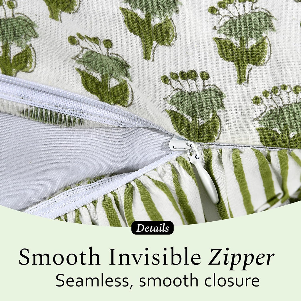 CPC Emerald Green 100% Cotton Block Print Ruffle Pillow Cover 20X30 inch Pack of 2, Handmade Boho Floral Pillowcase,Soft Decorative Queen Bed Pillow Cover for Bedroom Décor